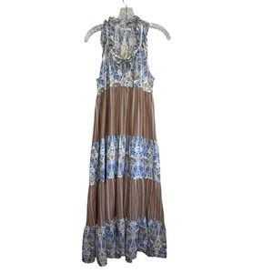 Stitchdrop Cotton Tiered Maxi Dress Blue Brown Paisley Boho Cottagecore Size S